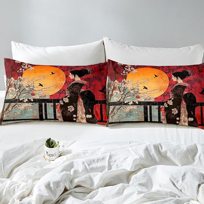 Erosebridal Japanese Style Comforter Set, Cherry Blossoms Down Comforter Full Size for Kids Girls Women Bedroom Decor, Sakura Flower Bedding Set, Japan Ukiyo-E Quilt, Red, Lightweight