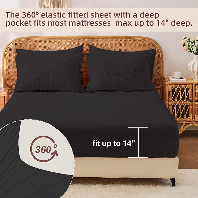 FUANNA Full Size Comforter Sets 7 Pieces, Luxury Seersucker Bed in a Bag Full for All Seasons, Soft Bed Sets with Comforter, Flat Sheet, Fitted Sheet, Pillowcases & Shams for Bedroom, Black
