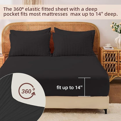 FUANNA Queen Comforter Set 7 Pieces, Luxury Seersucker Bed in a Bag Queen Size for All Seasons, Soft Bedding Set with Comforter, Flat Sheet, Fitted Sheet, Pillowcases & Shams for Bedroom, Black