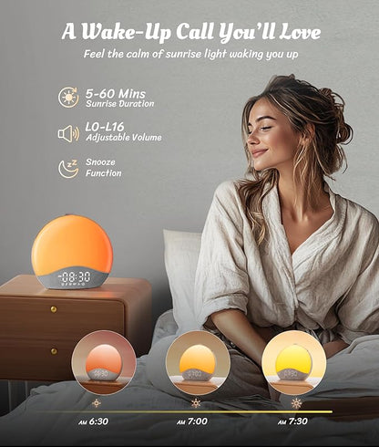 ecozy Sunrise Alarm Clock, White Noise Sound Machine, Alarm Clock for Bedrooms, 26 Soothing Sounds, 17 Night Lights, Bluetooth Speaker, Sunrise Wake-Up Light for Heavy Sleepers, Adults, Kids