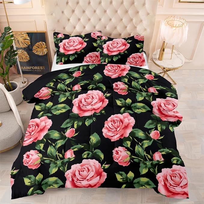 Rose Comforter Set Queen 3 Pieces Pink Rose Floral Bedding Set Black Romantic Soft Microfiber Down Alternative Comforter with 2 Pillowcases