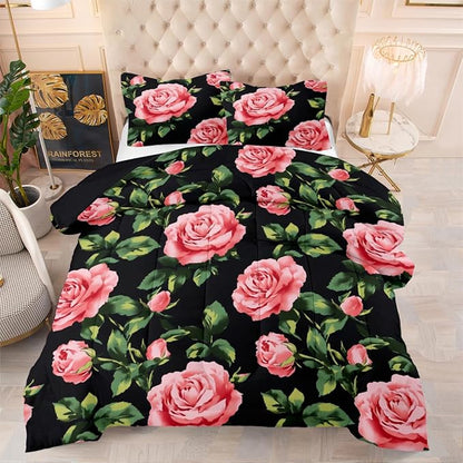 Rose Comforter Set Queen 3 Pieces Pink Rose Floral Bedding Set Black Romantic Soft Microfiber Down Alternative Comforter with 2 Pillowcases