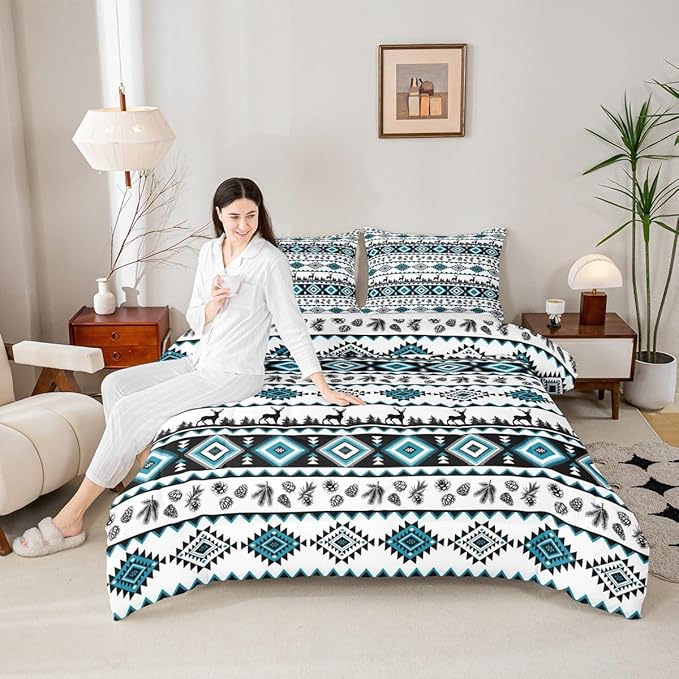 Deer Silhouettes Comforter Set with 2 Pillowcases,Aztec Abstract Geometric Print Super Soft Bedding Set for Adults Teens,Western Elk Animals Southwest Tribal Ethnic Duvet Set for Room Decor,King
