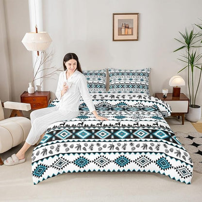 Deer Silhouettes Comforter Set Queen Size ,Aztec Abstract Geometric Print Down Alternative Adults Room Decor,Western Elk Animals Southwest Tribal Ethnic Ultra Soft Microfiber Inner Fill 3Pcs Bedding