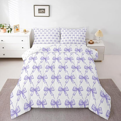 Feelyou Purple Bow Comforter Set Toddler Size Cute Bowknot Bedding Set Boys Girls Kawaii Comforter for Kids Women Men Bow and Stripes Duvet Set 2Pcs