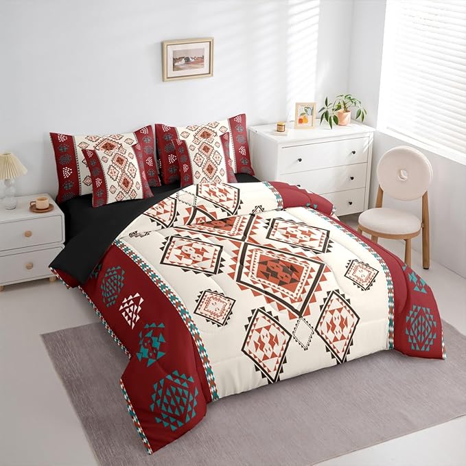 Erosebridal Vintage Western Bed in A Bag King 7 Pcs Exotic Geometric Aztec Comforter Set for Women Men Farmhouse Bohemian Mexican Style Bedding Sets Native Southwestern Sheet Set with Comforter