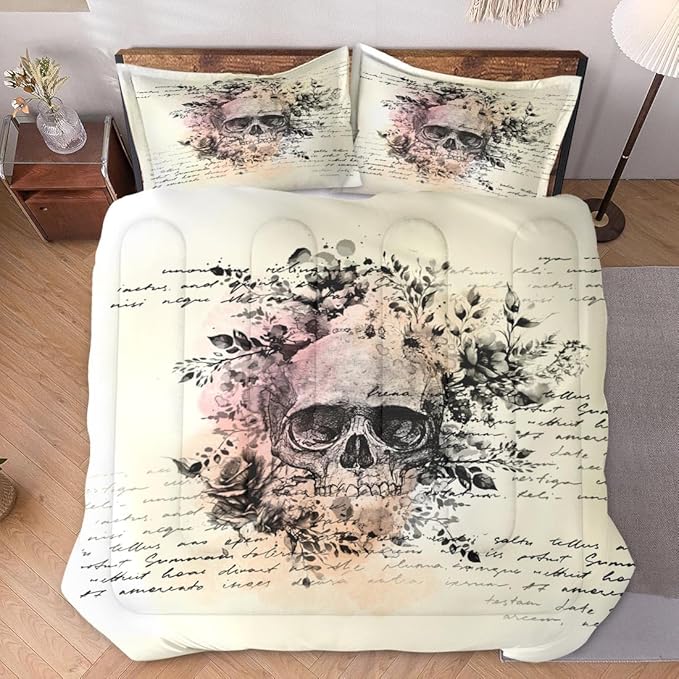 King Size Comforter Set with 2 Pillowcases, Rock Goth 3 Pcs Bedding for Adults, Retro Gothic Soft Comforter Set for Bedroom Bed Decor