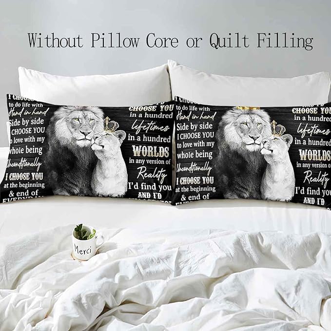 VIVIHOME 3PCS Lion King & Queen Bedding Set, African Safari Animal Black Bedding, Comforter Cover, Wedding Valentines Bedroom Decor for Couples, Romantic Lion Couple Gifts, I Choose You, 2 Pillowcases
