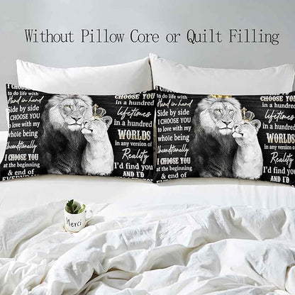 VIVIHOME 3PCS Lion King & Queen Bedding Set, African Safari Animal Black Bedding, Comforter Cover, Wedding Valentines Bedroom Decor for Couples, Romantic Lion Couple Gifts, I Choose You, 2 Pillowcases