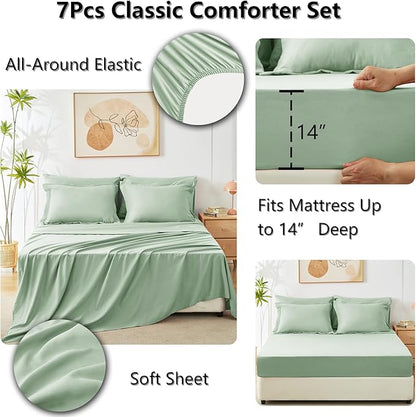CozyLux Full Size Comforter Sets Sage Green - 7 Pieces Bed in a Bag Full, Luxury Soft Bed Set for All Seasons, Bedding Set with Down Alternative Comforter, Sheets, Pillowcases & Shams