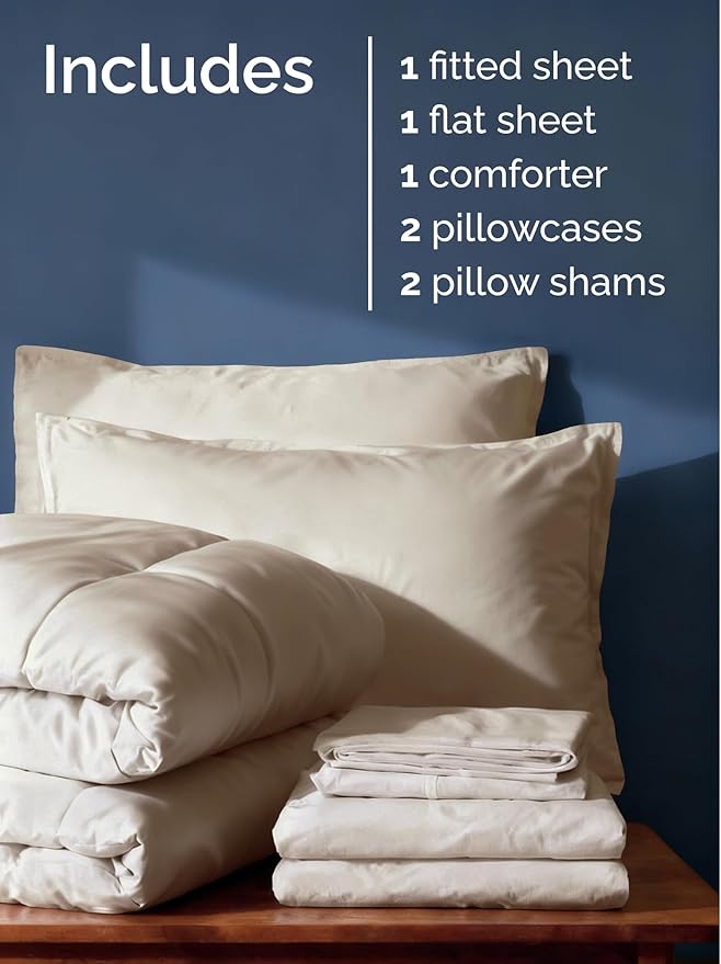 Full Comforter Set - 5 Piece Bed in a Bag Full Size Bed Set - Down Alternative Comforter, Flat Sheet, Fitted Sheet, Pillowcase & Shams for All Seasons - Ultra Soft, Cozy, Comfy and Breathable - Wheat