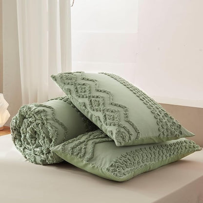 Luxudecor Sage Green Tufted Comforter Set Full Size 3 Pieces Boho Shabby Chic Comforter Farmhouse Embroidery Bedding Set Soft Comforter for All Seasons (Sage Green, 80''x90'')