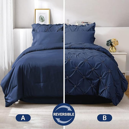 JOLLYVOGUE Navy Blue Full Size Comforter Sets 7 Pieces, Pintuck Bed in a Bag Comforter Set for Bedroom, Bedding Comforter Sets with Comforter, Sheets,Ruffled Shams & Pillowcases