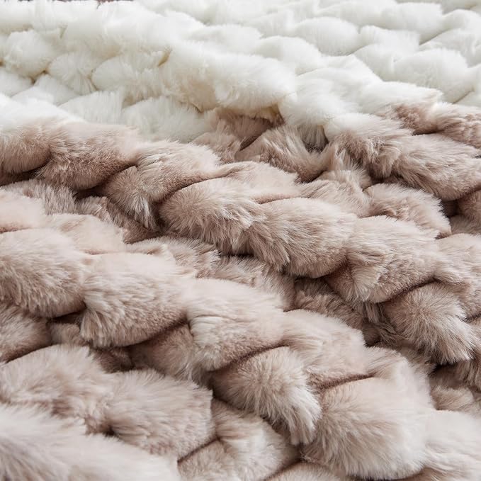 Petrichor Fluffy King Comforter Set - Taupe and White Striped Faux Fur Blanket for King Bed, Ultra-Soft Warm Bedding for Winter & Fall, Cozy 3 Piece Bed Set (1 Comforter & 2 Pillowcases)