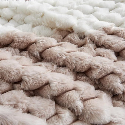 Petrichor Fluffy Queen Comforter Set - Taupe and White Striped Faux Fur Blanket for Queen Bed, Ultra-Soft Warm Bedding for Winter & Fall, Cozy 3 Piece Bed Set (1 Comforter & 2 Pillowcases)