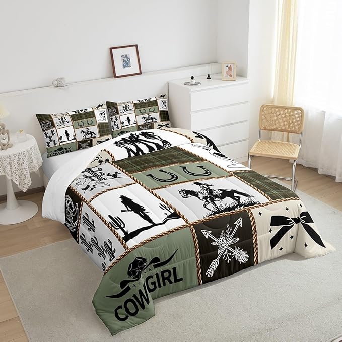 Western Cowgirl Comforter Set Full Size,Cactus Horseshoe Cow Skull Rustic Farmhouse Bedding Set,Girls Women Room Decor,Bow Arrow Patchwork Down Comforter,Camo Country Duvet Insert,2 Pillowcases