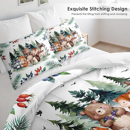 Comforter Set Full Size, Safari Woodland Animal Bird Soft 3 Pcs Bedding for Kids and Adults, Fox Cute Bear Jungle Comforter Set with Pillowcase, for Bedroom Bed Decor