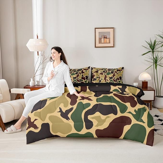 Erosebridal Camouflage Military 7 Piece Bedding Set Twin Duck Hunting Comforter Set with Sheets Farmhouse Woodland Bed in a Bag Camo Huner Bed Sets Comforter