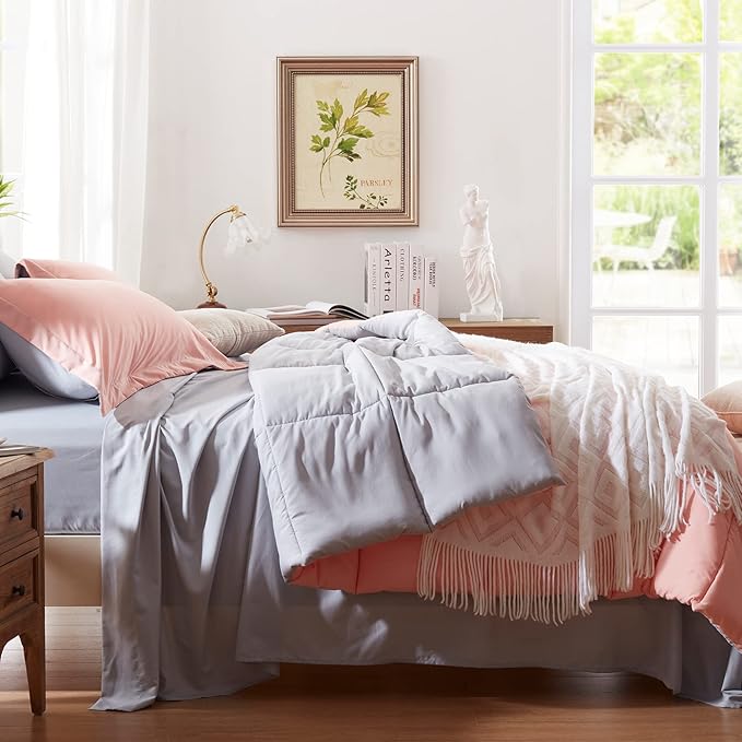 Anluoer King Size Bed in a Bag 7 Pieces, Pink Bed Comforter Set with Sheets, All Season Bedding Sets with 1 Comforter, 2 Pillow Shams, 2 Pillowcases, 1 Flat Sheet, 1 Fitted Sheet