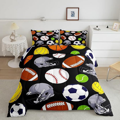 Feelyou Basketball Comforter Set King Size Sports Game Comforter for Boys Girls Teens Baseball Bedding Set Football Duvet Set Room Decor Carbon Black Mixed Ball Quilt Set