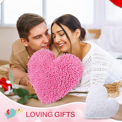 2 Pcs Valentine's Day Heart Shaped Pillow 14 Inch Heart Chenille Pillow Cushion Plush Soft Throw Cushion with Removable Cover for Sofa Couch Bed Women Valentine's Gifts(White, Pink)
