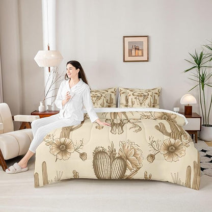 Erosebridal Bull Skull Bed in A Bag King | Ethnic Horns Aztec 7 Piece Comforter Set Tribal Symbol Vintage Bohemian Sheet Set Breathable Lightweight Floral Tropical Cactus Fitted Sheet