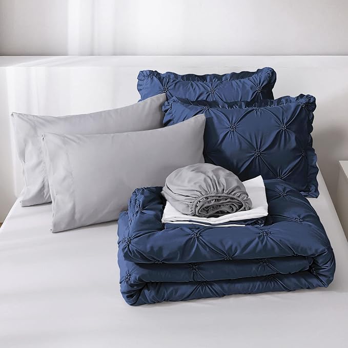 JOLLYVOGUE King Size Comforter Set 7 Pieces, Navy Blue Bed in a Bag Comforter Set for Bedroom, Beddding Sets with Comforter, Sheets,Ruffled Shams & Pillowcases