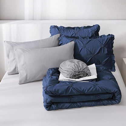 JOLLYVOGUE King Size Comforter Set 7 Pieces, Navy Blue Bed in a Bag Comforter Set for Bedroom, Beddding Sets with Comforter, Sheets,Ruffled Shams & Pillowcases