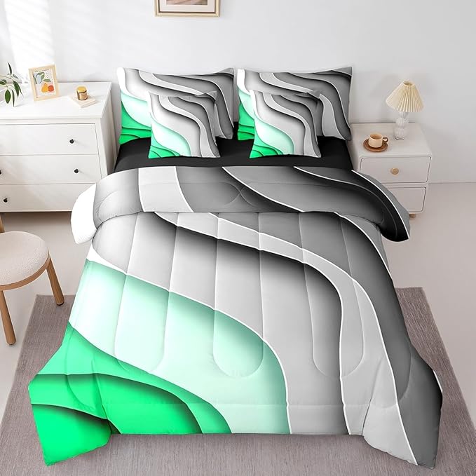 Erosebridal Grey Green Gradient Twin Comforter Set 7 Pieces Kids Teens Adults Geometric Stripe Bedding Comforter Sets, Aesthetic Wave Bed in a Bag Modern Abstract Bedding Set, Ombre Bed Sheets Set