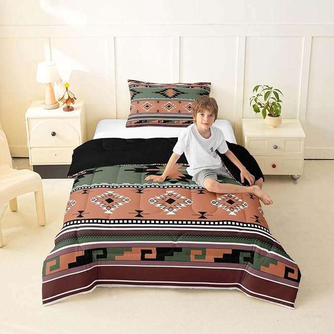 Erosebridal Southwestern Comforter Set Twin Bohemian Geometric Quilt,Ethnic Tribal Arrow Bedding Set Western Duvet Insert,Country Decor Western Room Decor for Bedroom Green Brown