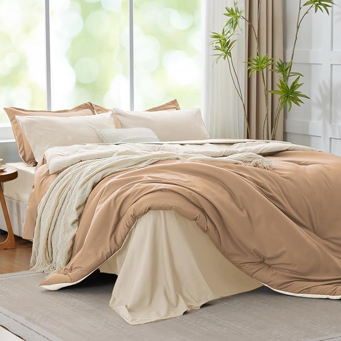 Full Size Comforter Sets Khaki Reversible Bedding Set, 7 Pieces Soft Bed in a Bag Full with Comforter, Sheets, Pillowcases & Shams, All Season Boho Bedding Sets Full