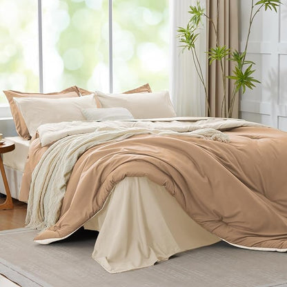 Full Size Comforter Sets Khaki Reversible Bedding Set, 7 Pieces Soft Bed in a Bag Full with Comforter, Sheets, Pillowcases & Shams, All Season Boho Bedding Sets Full