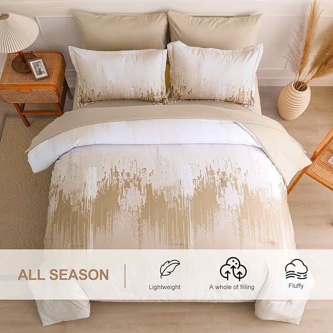 WONGS BEDDING Comforter Set King, Ombre Beige 7 Pieces Bed in a Bag Colorful Abstract Art Gradient Comforter Soft Microfiber Bedding Set with Flat Sheet, Fitted Sheet, Pillow Shams, Pillowcases