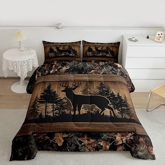 Erosebridal Farmhouse Deer Queen Comforter SetCamo Woodland Hunting Bedding Set Rustic Cabin Comforter for Boys Teen Men,Wildlife Animal Print Quilt Duvet