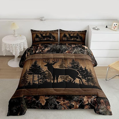 Erosebridal Farmhouse Deer Queen Comforter SetCamo Woodland Hunting Bedding Set Rustic Cabin Comforter for Boys Teen Men,Wildlife Animal Print Quilt Duvet