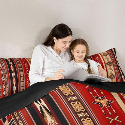 Erosebridal Aztec Bedding Set Ethnic Tribal Arrow Queen Comforter Set,Vintage Southwestern Native Bohemian Quilt,Western Star Duvet Insert Exotic Geometric Diamond Stripes Room Decor,Red and Black