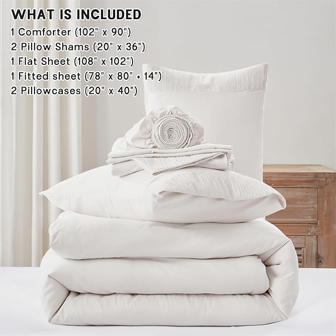 Anluoer White King Comforter Set 7 Pieces, Bed in a Bag with Sheets, All Season Bedding Sets with 1 Comforter, 2 Pillow Shams, 2 Pillowcases, 1 Flat Sheet, 1 Fitted Sheet