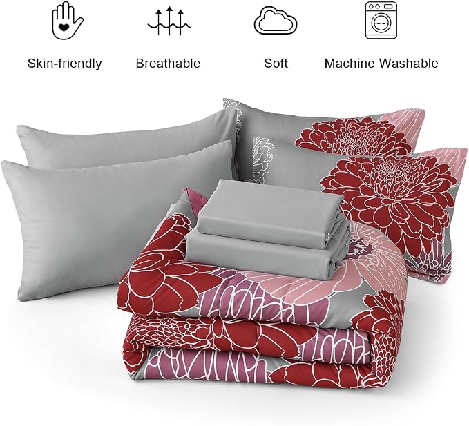 Yiran Burgundy Pink Red Floral Comforter Set Bed in a Bag Flower Comforter Set Soft Microfiber Bedding Set King 104''x90''