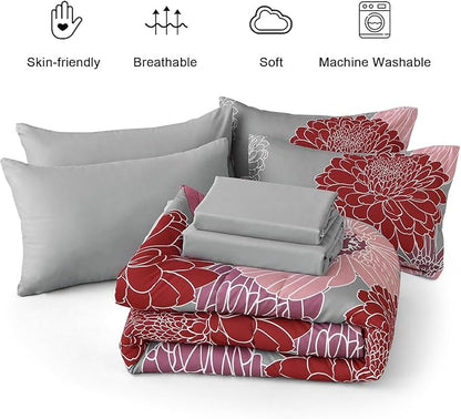 Yiran Burgundy Pink Red Floral Comforter Set Bed in a Bag Flower Comforter Set Soft Microfiber Bedding Set King 104''x90''