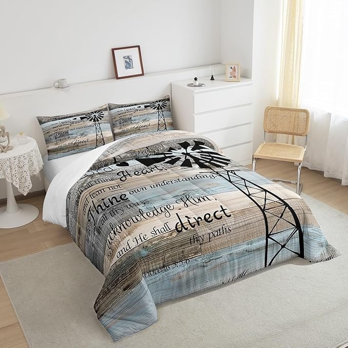Erosebridal Rustic Wooden Duvet Insert Twin Farmhouse Windmill Bedding Set Patchwork Country Comforter Set for Kids Boys Girls,Brown Gray Blue Vintage Barn Door Quilt Set Cabin Lodge Decor 2 Pcs