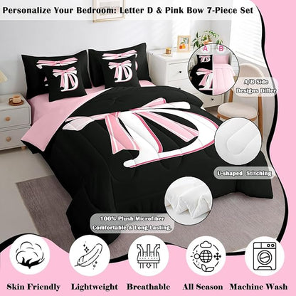 jejeloiu Kids Girls Black Pink Bow Comforter Set with Sheets King Size Monogrammed 7 Piece Bedding Set Personalized Initial D Bed in a Bag with Comforter, Sheets,Pillowcases Modern Fashion Bed Set