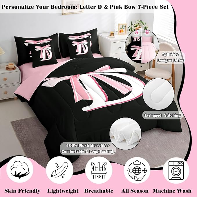 jejeloiu Kids Girls Black Pink Bow Comforter Set with Sheets Queen Size Monogrammed 7 Piece Bedding Set Personalized Initial D Bed in a Bag with Comforter, Sheets,Pillowcases Modern Fashion Bed Set