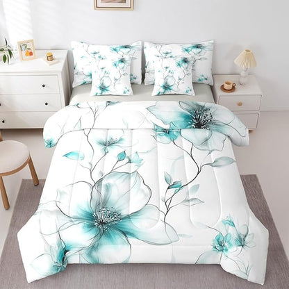 Erosebridal Boho Flower Full 7 Pcs Bedding Set, Teal Floral Comforter Set with Sheets, Ink Painting Style Blossom & Leaf Bed in A Bag, Chic Watercolor Floral Elegant Bed Sets for Women Girls Adults