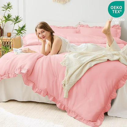 FUANNA Full Size Comforter Sets Pink, 3 Pieces Ruffle Full Size Bedding Sets, Fluffy Bed in a Bag Full for All Seasons, Shabby Chic Full Bed Set with 1 Lightweight Comforter & 2 Pillowshams