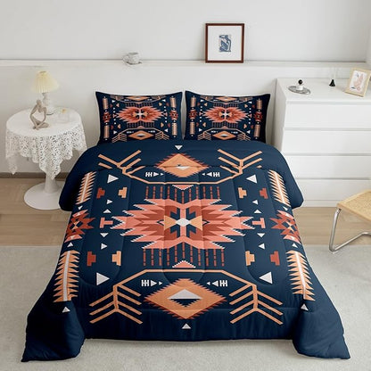 Southwest American Comforter Set Queen Size Indian Tribal Aztec Style Quilt Set Vintage Navy Blue Red Bedding Set 3pcs for Kids Teens Adults Room Decor Abstract Art Duvet Insert,2 Pillowcases