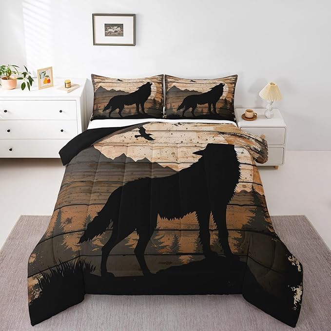 Feelyou Wolf Print Comforter Set Twin for Girls Women Teens Adult, Kids Boys Wildlife Hunting Theme Bedding Set, Western Farmhouse Comforter Soft Quilt Set, with 1 Pillowcase 2Pcs Bedding