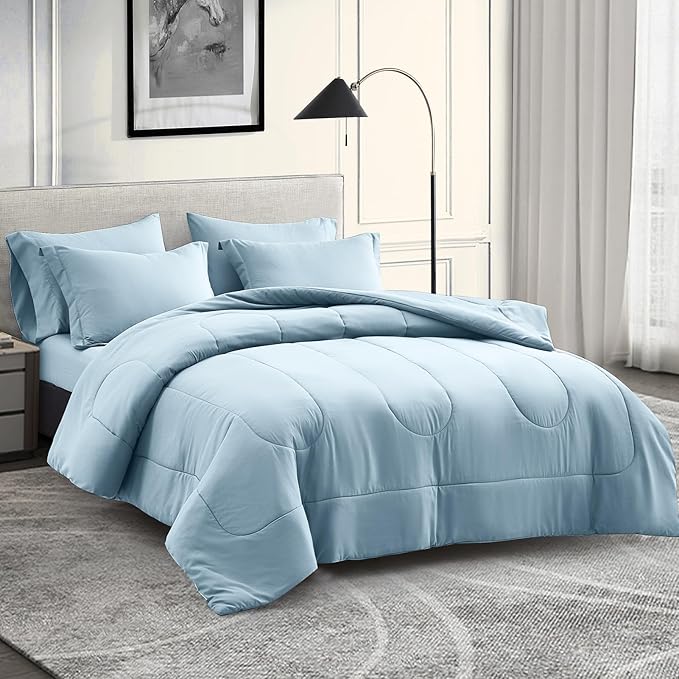Maple&Stone Light Blue Comforter Set Queen 7 Pieces Bed in a Bag - Down Alternative Bed Set with Comforter, Sheets, Pillowcases & Shams, All Season Lightweight Bedding Set, Light Blue
