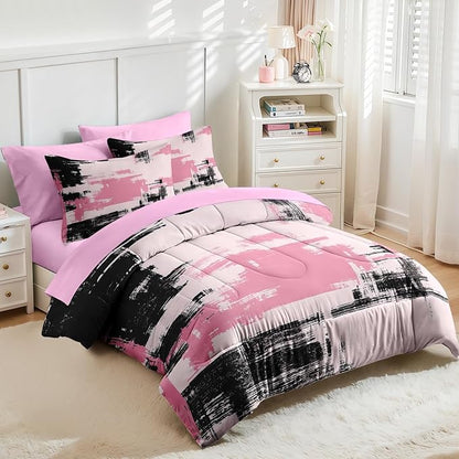 Nesker 7 Pcs Comforter Set Queen Size, Modern Abstract Graffiti Art Bedding Set for Kids and Adults, Children Pink Black Striped Sheets Bed Sheet Sets with Fitted Sheet 2 Pillowcases & 2 Shams