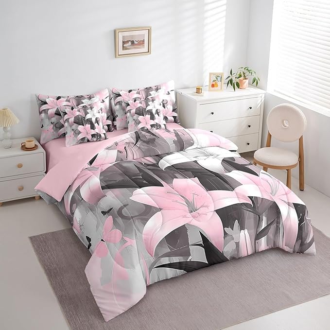 Feelyou Girls Lily Flower Comforter Set with Sheets King Size 7 Pieces Kids Butterfly Floral Bedding Set for Boys Women Teens Pink Black Simple Modern Abstract Art Bed in a Bag Room Decor