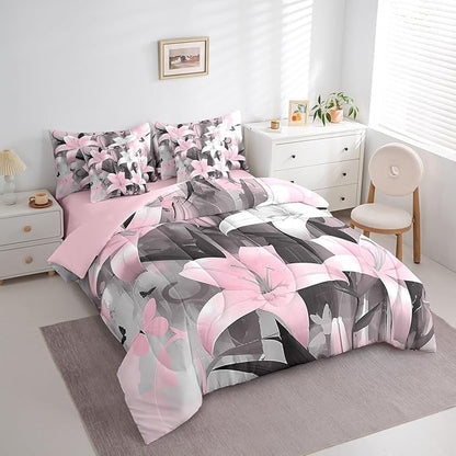 Feelyou Girls Lily Flower Comforter Set with Sheets King Size 7 Pieces Kids Butterfly Floral Bedding Set for Boys Women Teens Pink Black Simple Modern Abstract Art Bed in a Bag Room Decor